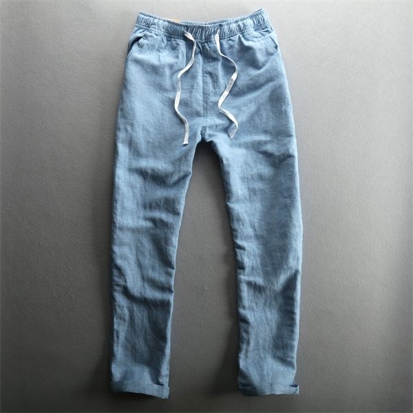 

2020 men's summer casual pants natural cotton linen trousers for men hawaii solid white elastic waist straight man pants y025, Black