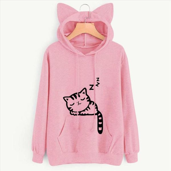 

women sweatshirt casual hoodies print cat ear hooded long roll up sleeve pocket blouse feminine oversize sweatshirts black