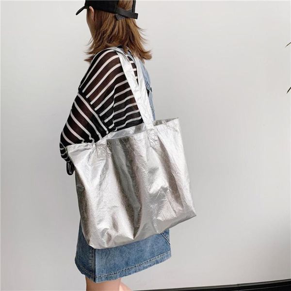 

fashionable handbag casual shoulder bag for women girls bolsas solid colour gold and silver large capacity shopping pvc totes