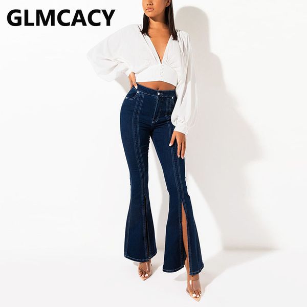 

women's jeans women high waist denim pants elegant front slit, Blue