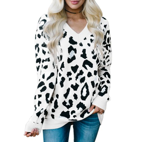 

women's sweaters 2021 autumn and winter fsahion casual knitting sweater for women leopard jacquard c-neck loose, White;black