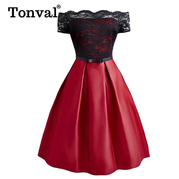 

casual dresses tonval vintage floral lace overlay off the shoulder women party dress scallop trim slash neck pleated burgundy retro, Black;gray