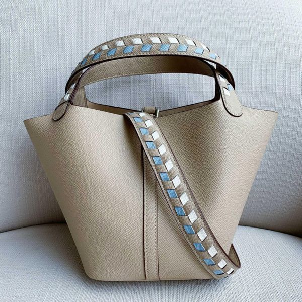 

bag belle2019 basket cowhide bucket hand palm prints genuine leather portable woman package weave width straps single shoulder