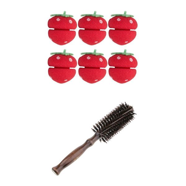 

wood round hairdressing comb brush&pure bristle & strawberry shaped hair sponge curlers, Silver