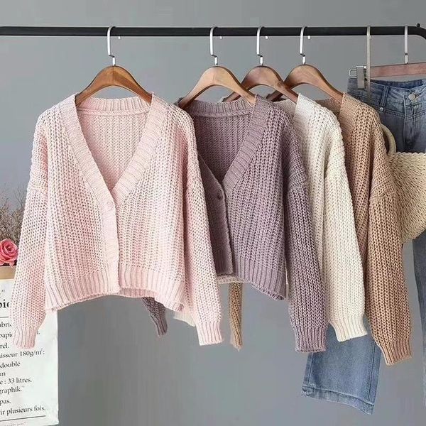 

v-neck long-sleeved thick line sweater women one button solid color lazy simple fashion short cardigan sweater female spring, White;black