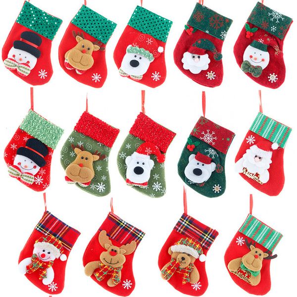 Babbo Natale piccola calza di Natale fiocco di neve alce calze di Natale bambola del fumetto albero di Natale ciondolo decorativo borsa regalo di caramelle per bambini T9I00541