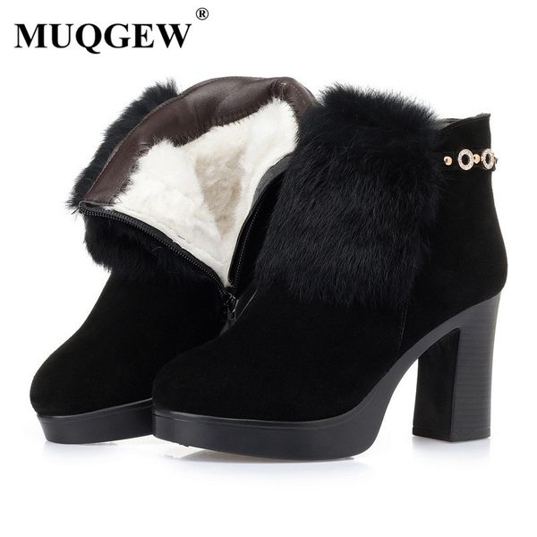 

boots women ankle black thick heel platform genuine leather booties high-heel fashion rhinestone winter snow