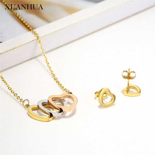 

xuanhua stainless steel jewelry sets choker heart necklace and earring set chain woman 2020 jewellery accessories, Silver