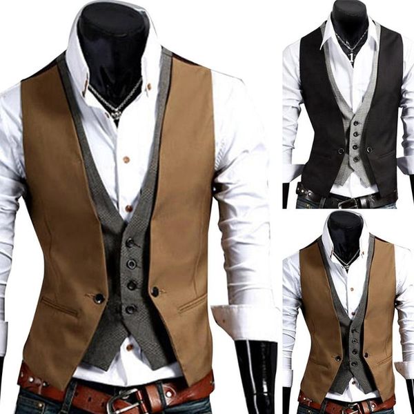

men formal waistcoat vest business solid color single button vest gilet fake two-pieces v neck casual slim chalecos para hombre, Black;white