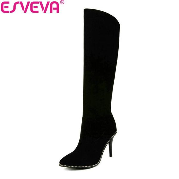 

esveva 2020 women boots thin high heels zipper knee-high boots winter elegant shoes pointed toe western style woman shoes 34-43, Black