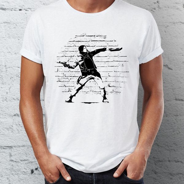 

men's t shirt featuring rage plans stealer banksy statement tee