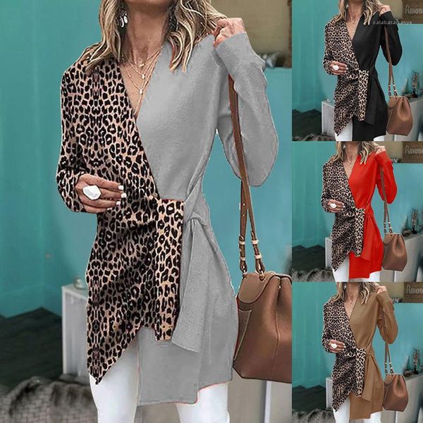 

sleeve contrast color coat leopard print female clothing women v neck designer trench coats long, Tan;black