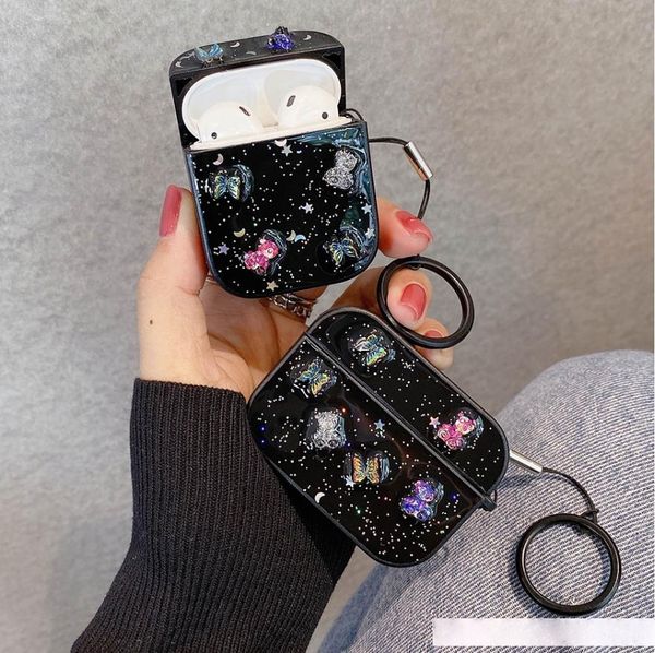 

3d butterfly earphone case with keychain for airpods 2 pro 1 cases glitter bear shining soft bluetooth headset protective cover
