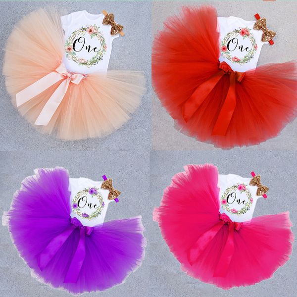 12 meses meninas meninas rosa tule tutu Dress Festa de aniversário 3pcs Conjunto para o 1º aniversário de letra de letra de menina com tourla