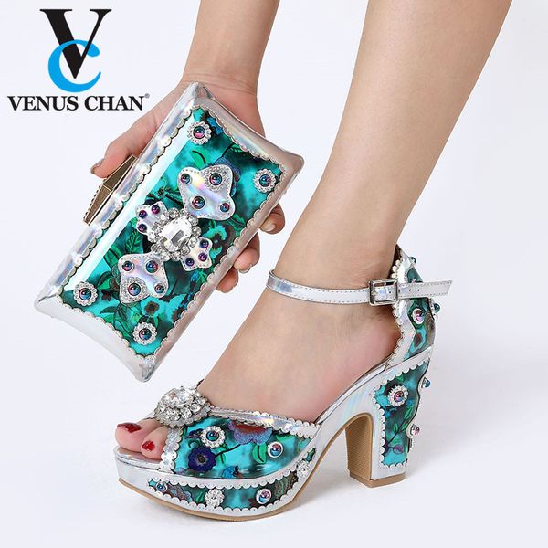 

silver 2020 women summer shoes african wedding shoe and bag set italian shoes with matching bags set decorated with rhinestone, Black