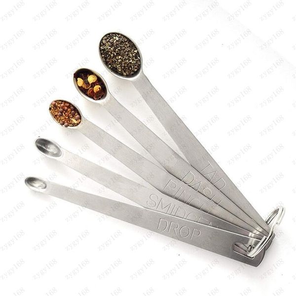 

set of 5 stainless steel round measuring spoons for measuring liquid dry ingredients drop smidgen pinch stainless steel round