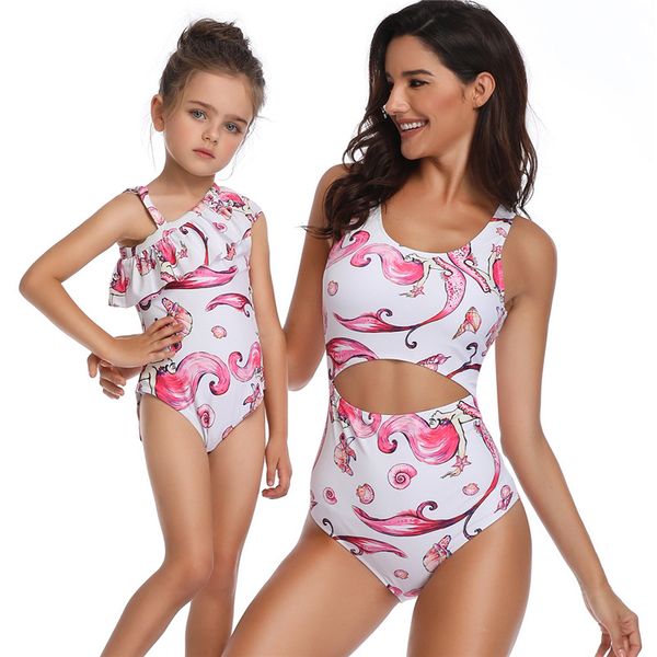 

family matching outfits swimwear mother daughter cartoon pattern one-piece swimsuit bikini bathing suit brachwear swimwear, Blue