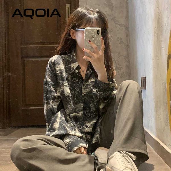 

women's blouses & shirts autumn streetwear marble printing women blouse shirt loose button up long 2021 ins fashion plus size female, White