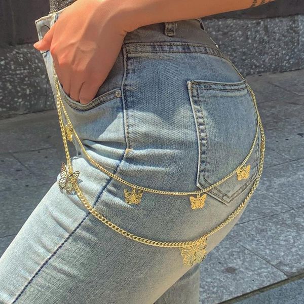 

2020 fashion popular punk style multi-layer butterfly pendant pants trousers chain key chain hip-hop necklace jewelry, Silver