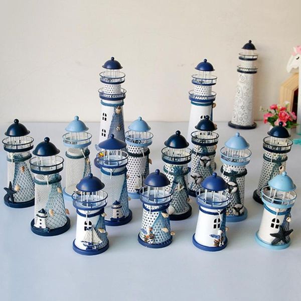 

mediterranean lighthouse iron candle candlestick blue white home table decor drop shipping independent station supplier festival