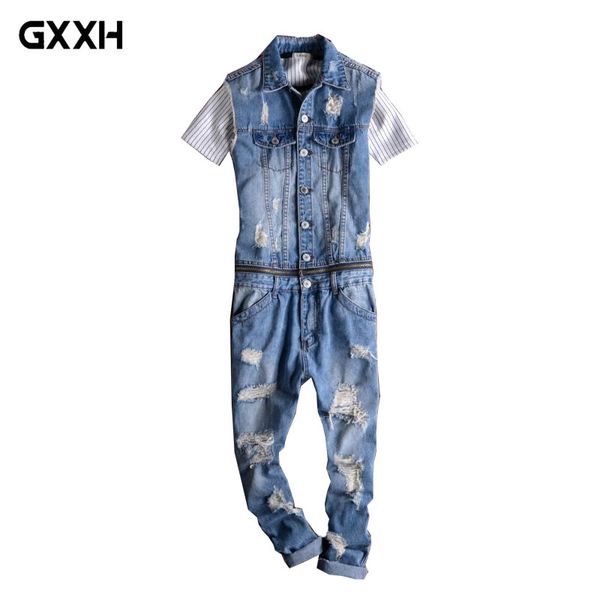 

men's casual sleeveless long overalls detachable denim jacket men's siamese hip hop denim jacket set size  l xl xxl, Blue