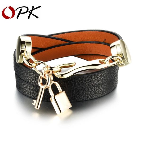 

opk handmade woman wrap bracelets new fashion leather + stainless steel lock key pendant women jewelry accessories ph1072, Golden;silver