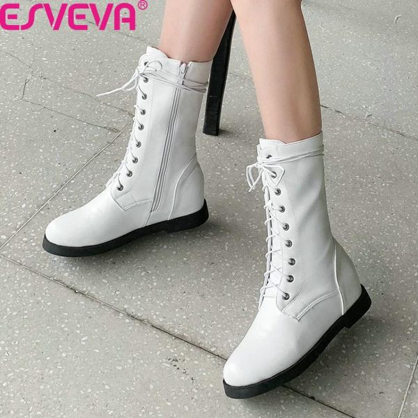 

esveva 2020 women mid calf boots pu leather round toe short boots autumn winter square heel lace up zipper women shoes size34-43, Black