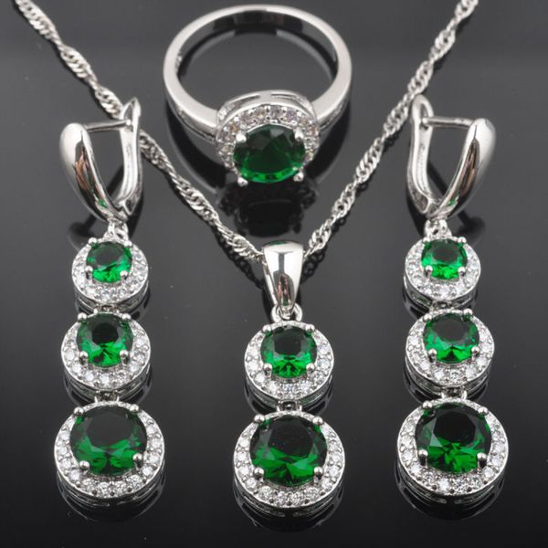 

bridal women's wedding jewelry sets silver color green zirconia ring necklace and earrings set qz0493