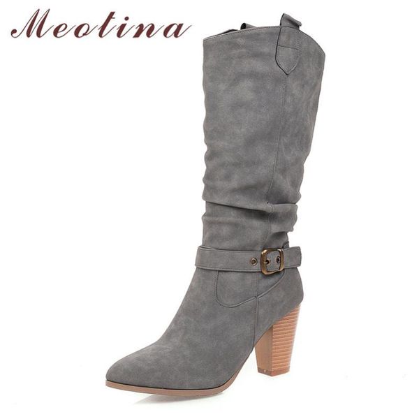 

meotina winter knee high boots women buckle thick high heel western boots pleated pointed toe shoes ladies autumn plus size 4-12, Black