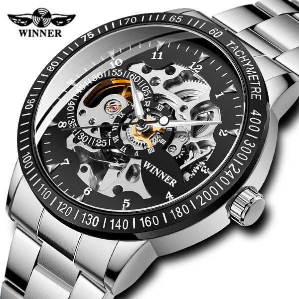

wristwatches fashion winner mens self wind skeleton mechanical watch classic stainless steel lumionous hands, Slivery;brown