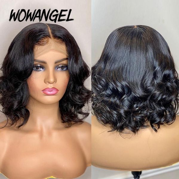 

wowangel 4x4 lace closure human hair wigs 180 density remy hair brazilian wavy bob with pre plucked bleached knots natrual color, Black;brown
