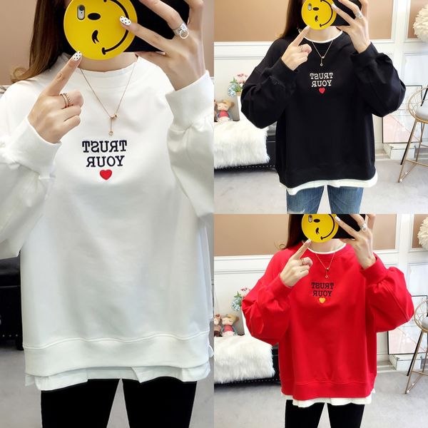 

2020 autumn sweatshirtsweatshirt new stitching embroidered long-sleeved sweatshirt women's fat mm plus size loose slimming fake two-pie, Black