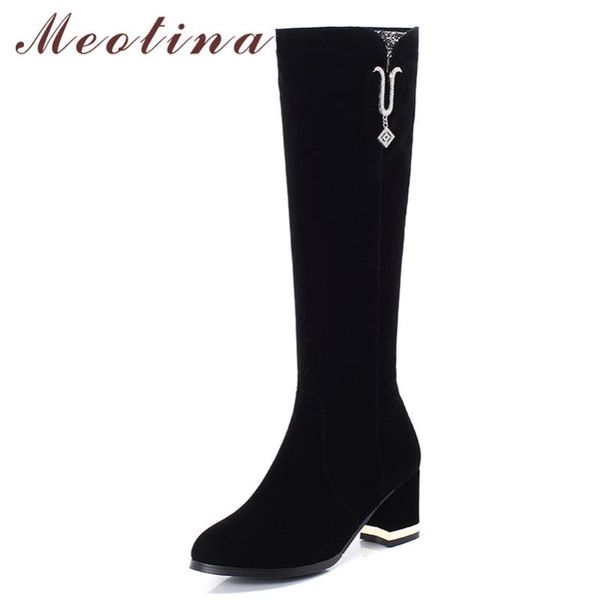 

meotina winter knee high boots women zipper thick high heel long boots crystal round toe shoes ladies autumn new plus size 33-43, Black