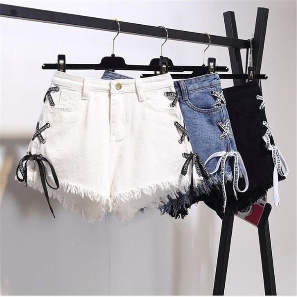 

été femmes denim shorts 2020 nouveau noir taille haute 310# déchiré court jean femmen côté à lacets bande shorts nouveau, White;black