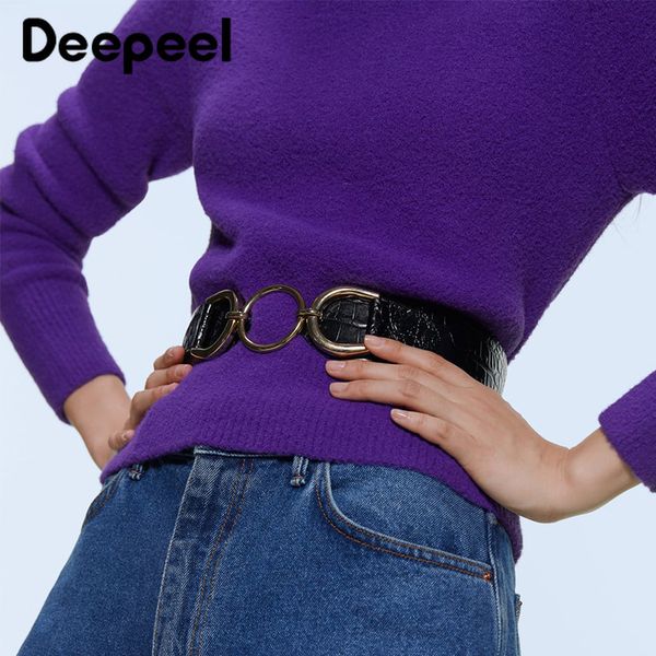 

deepeel 1pc 5*102.5cm women pu metal ring buckle cummerbunds high waist wide belt crocodile leather for down girdle cb634, Black;brown
