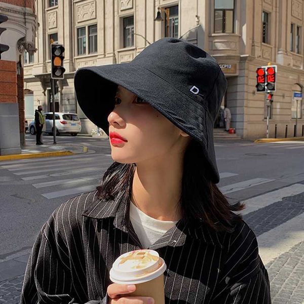 

stingy brim hats black casual korean thin cotton bucket hat spring autumn women design art retro fisherman cap panama beach big sun, Blue;gray