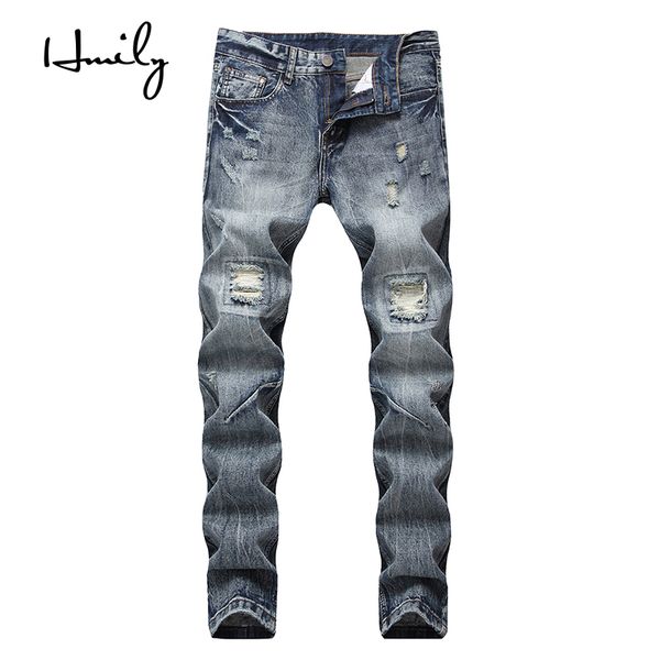 

men's jeans hmily ripped biker taped slim fit denim pants skinny distressed destroyed hip hop zipper holes trouser male, Blue