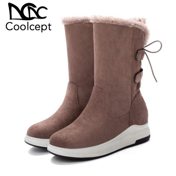 

coolcept women mid calf boots plush fur keep warm short boots casual thick sole round toe winter shoes woman footwear size 34-43, Black