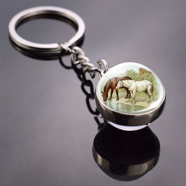 

keychains horse keychain horse picture glass ball keychain double side glass cabochon cabochon glass pendant metal keyring, Silver