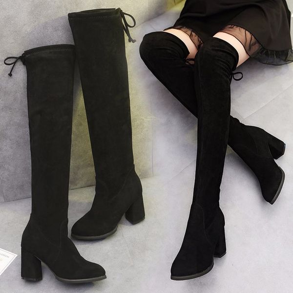 

boots 2021 women's thick heel over the knee high pointed toe long suede shoes, Black