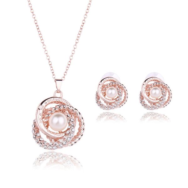 

kleeder 2020 multilayer pearl pendent necklace stud earrings set for women pearl rose gold color for bride elegant jewelry sets, Silver