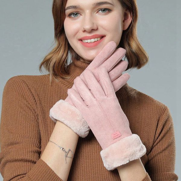 

new winter female lace warm cashmere mittens double thick plush wrist women touch screen driving gloves, Blue;gray