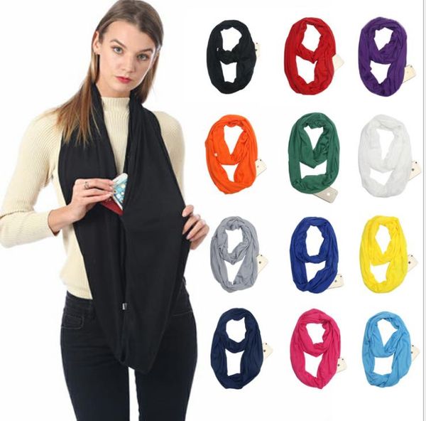 Mulheres lenço lenço de infinito com bolso zíper 22 cores leves puro cor cachecol lenço cachecol bib presente de natal c345