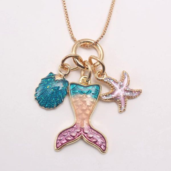 

pendant necklaces 2021 enamel children box chain seahorse conch shell multi color mermaid tail necklace, Silver