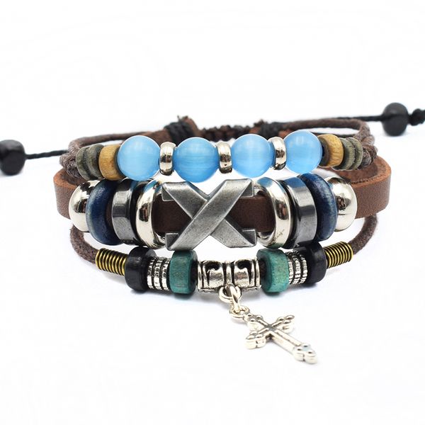

charm bracelets classic leather for women men jewelry vintage adjustable multi-layer small bead cross bracelet bangles, Golden;silver