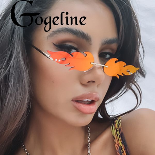 

rimless fire flame sunglasses women men fashion uv400 mirror eyewear luxury trending narrow party metal frame wave sun glasses, White;black