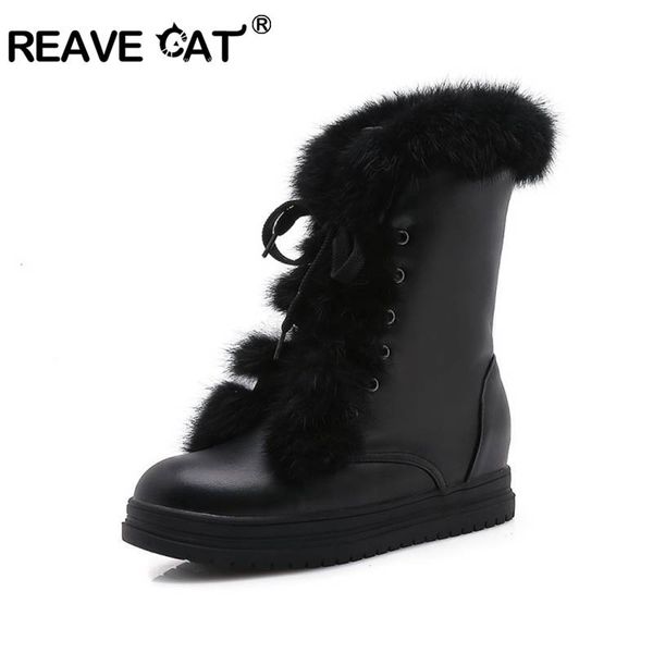 

reave cat womensnow winter's botas mid-calf boots round toe faux leather fur lace up cross-tied warm high platform size 34-43, Black