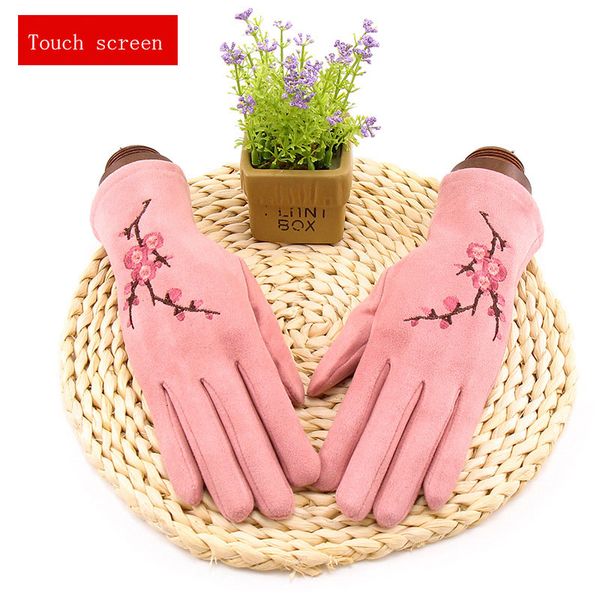 

five fingers gloves winter warm cashmere plus velvet multi-function touch screen cycling full finger a plum pattern ladies suede b15, Blue;gray