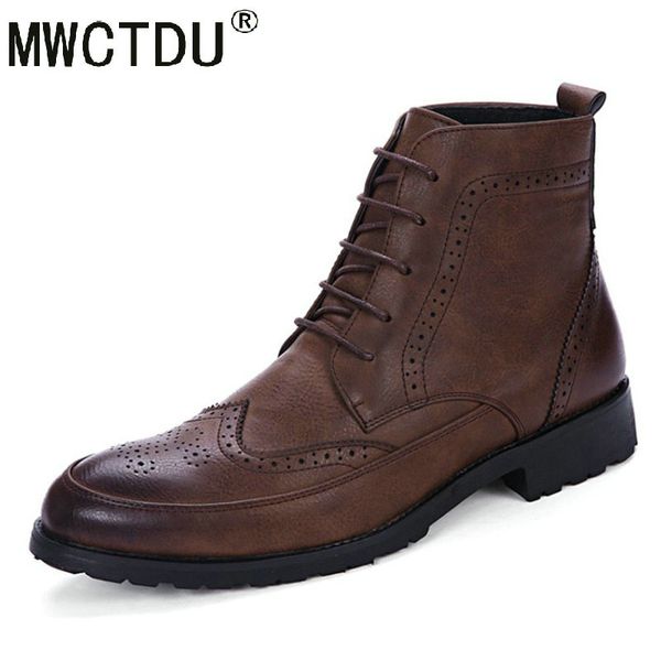 

mwctdu new men pu leather ankle oxford boots british style male casual lace up derby shoes retro carved flower brogue shoes, Black