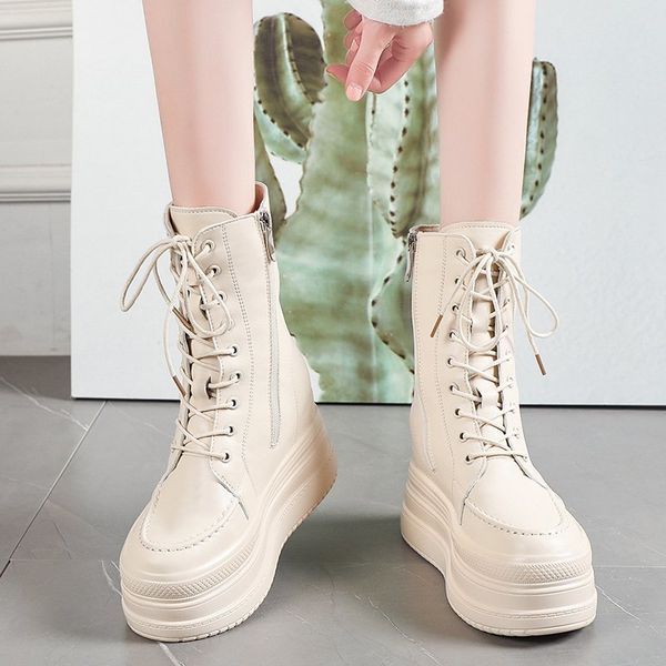 

women autumn winter platform ankle boots casual zipper lace up height increasing shoes woman fashion chunky short botas, Black